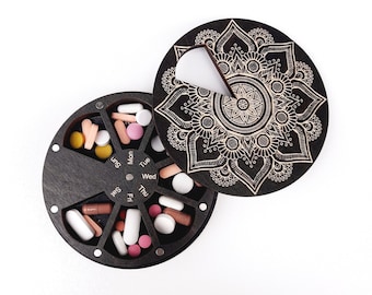 Wooden 7-Day Pill Organizer, Weekly pill box, Daily vitamin container, Meds holder