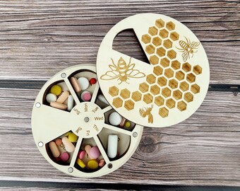 Wooden 7-Day Pill Organizer: Bees Design, Magnetic medicine box, Weekly pill case