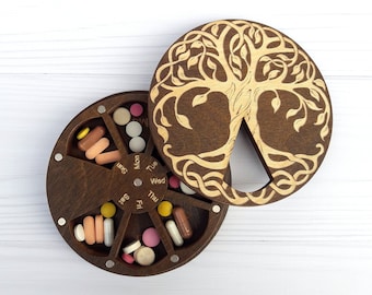Tree of Life Wooden Pill Organizer 7-Day, Weekly Pill Box, Round Medicine Boxes