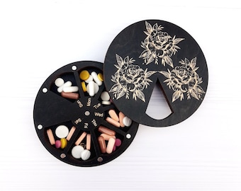 Floral Wooden 7-Day Pill Box, Weekly pill organizer, Decorative vitamin case