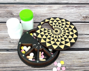 7-Day wooden weekly organizer, Decorative pill box, Supplement organizer