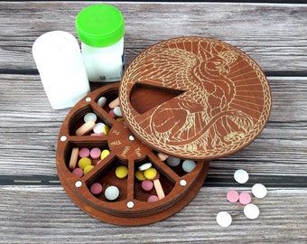 Wooden Pill Organizer: Gryphon Design, 7 Day Weekly Pill Box, Medication boxes