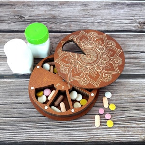 Mandala Wooden 7 day Pill Organizer, Rotating pill box, Weekly meds holder