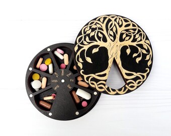 Tree of Life Wooden 7-Day Pill Box, Magnetic Vitamin Organizer, Medications holder