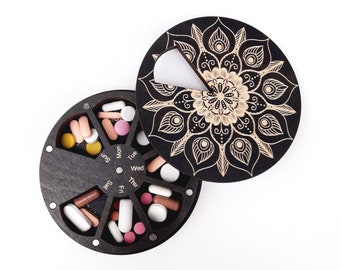7-Day Wood Pill Box, Weekly Pill Organizer, Vitamin holder, Decorative pills container