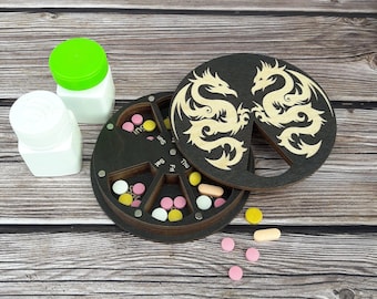 Wooden 7-Day Pill organizer: Medication box, Weekly dragon pill case, Vitamin container