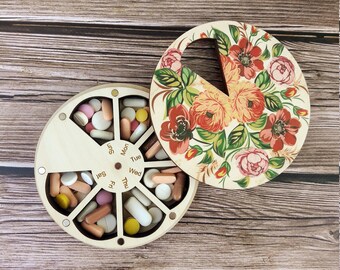 Decorative pill box 7 day Floral pill case Wooden 7 day pill box Pill organizer