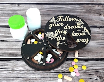 7-Day wooden pill box: Rotating pill organizer, Vitamin storage, Weekly medicine organizers
