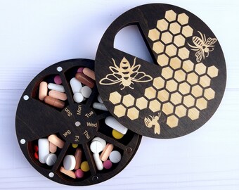 Wooden 7 Day Pill Box: Bees Design, Magnetic Lid, Weekly pill case, Vitamin organizer