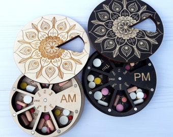 Wooden AM PM Pill Box Set, Rotating Weekly Organizer, Vitamin case