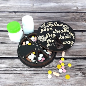 Wooden pill box 7 day, Cute motivation pill organizer, Weekly pill case, Vitamin organizer, Pill holder