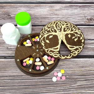 Wooden pill container 7 day, Pill case cute, Medicine box, Tree of life pill box, Weekly pill organizer, Portable pill box