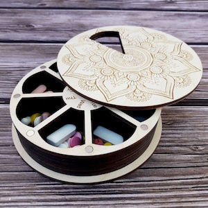 Large Wooden 7-Day Pill Organizer: Weekly Vitamin Box, Decorative rotating pill case