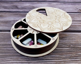 Large Wooden 7-Day Pill Organizer: Weekly Vitamin Box, Decorative rotating pill case