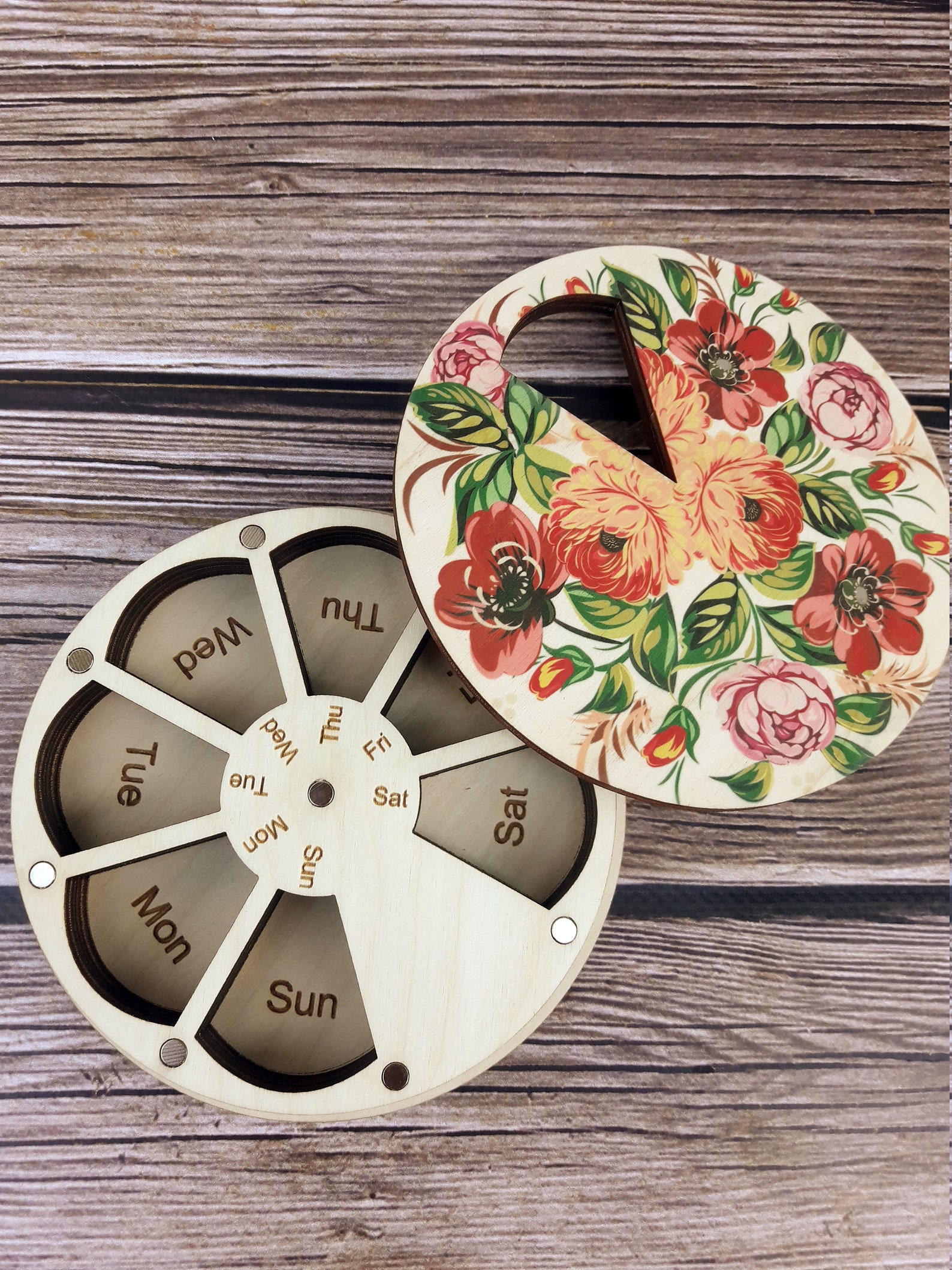 Decorative Pill Box 7 Day Floral Pill Case Wooden 7 Day Pill Etsy