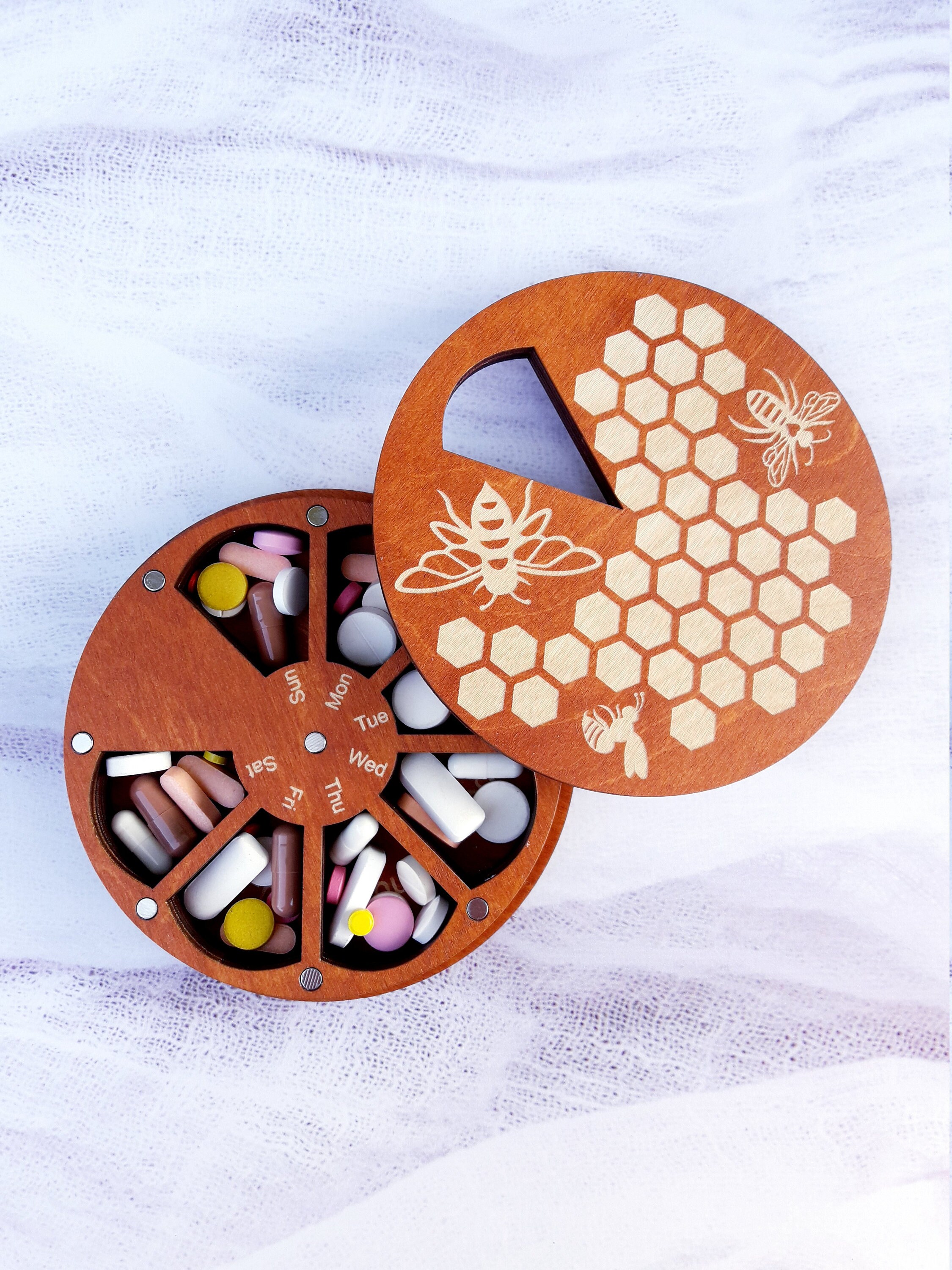 Decorative pill box 7 day Pill box bees Cute pill case Wooden Etsy