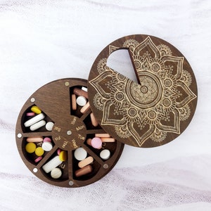 Wooden 7 Day Pill Box, Weekly pill case, Medicine organizer, Mandala pills container
