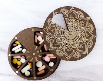 Wooden 7 Day Pill Box, Weekly pill case, Medicine organizer, Mandala pills container