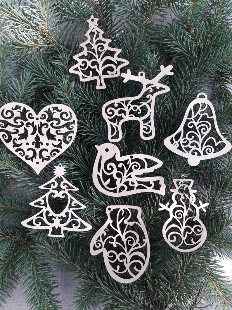 Wooden christmas ornaments set of 8 Laser cut christmas Etsy