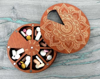 Wooden 7-Day Pill Box: Weekly Vitamin Organizer, Mandala pill case, Supplement container