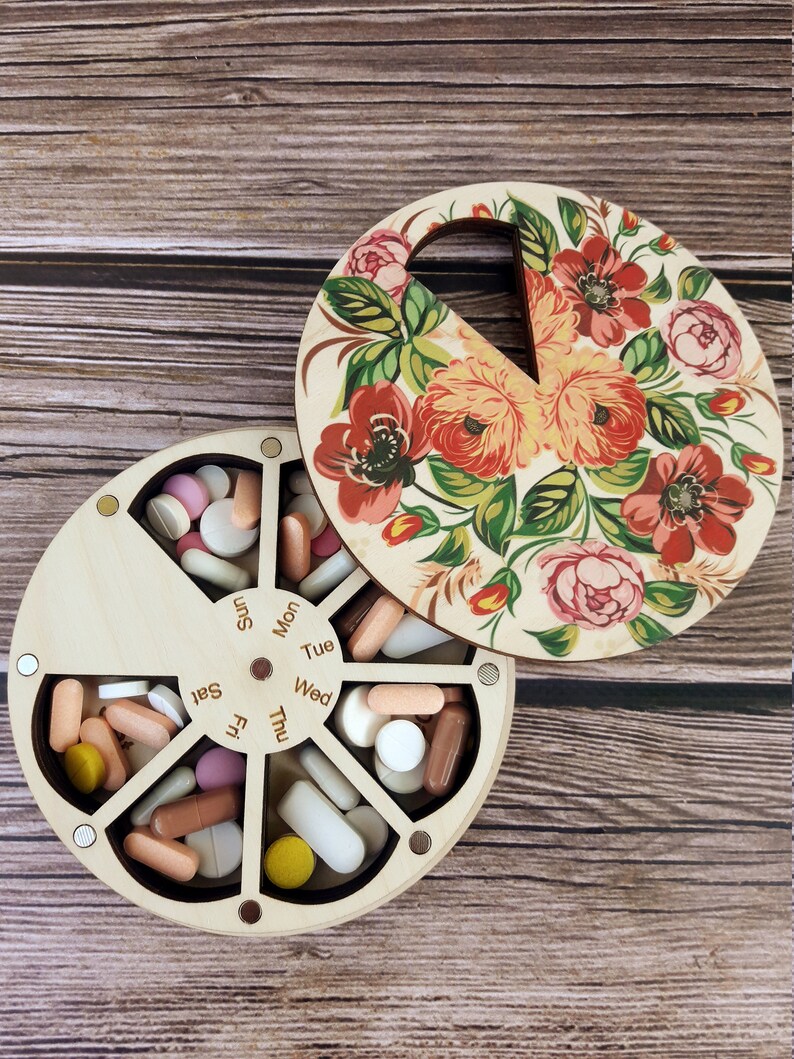 Decorative Pill Box 7 Day Floral Pill Case Wooden 7 Day Pill Etsy
