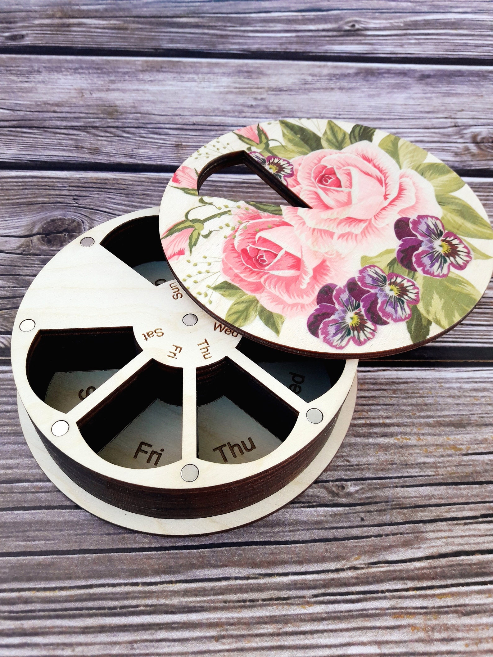 Large pill organizer 7 day Large floral pill box 7 day Wood Etsy