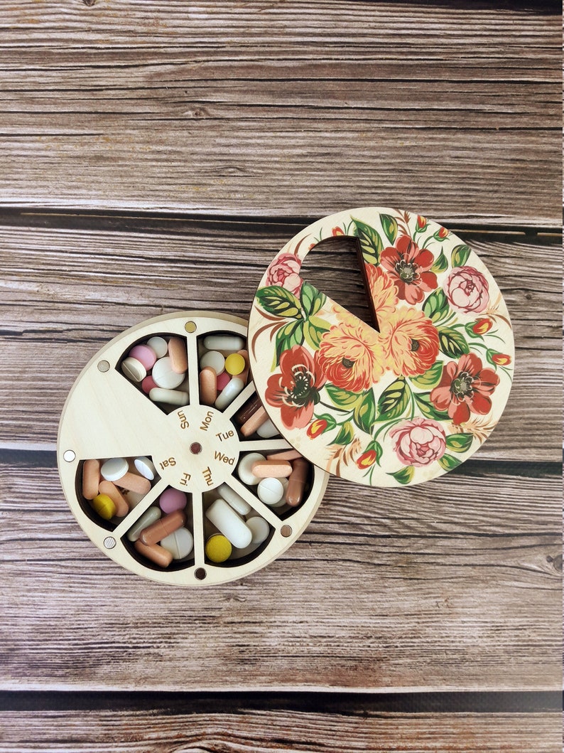 Decorative Pill Box 7 Day Floral Pill Case Wooden 7 Day Pill Etsy