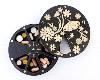 Wooden 7 Day Pill Box, Butterfly Decorative Weekly Pill Organizer, Medicine case