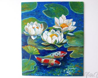 Koi fish swimming in pond with water lilies oil painting print blank stationery notecard greeting card 4 x 6 and 5 x 7 sizes