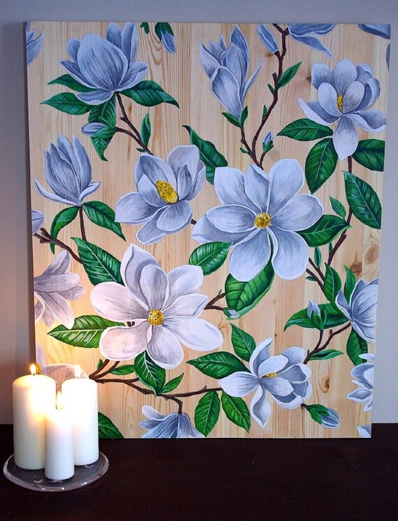 Magnolia Painting Flower Art Spring Bedroom Wall Decor White Flowers Art Hand Painted Green Wooden Panel Magnolia