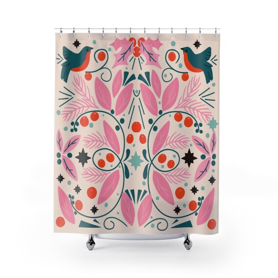 Pink Folk Art Shower Curtain Etsy