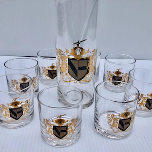 Vintage Bundesglas, Wappen, 10-teiliges Cocktailset / sehr seltenes heraldisches Blazon Martini-Set / Schwarzgold MCM Barset / Hausbar / Barwagen