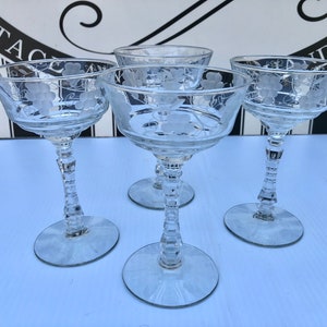 Vintage, Tall Crystal Coupes with Embossed Grape & Vine Pattern, Diamond Cross Cut Stems, Rare Set of 4 Cocktail, Martini, Champagne Coupes