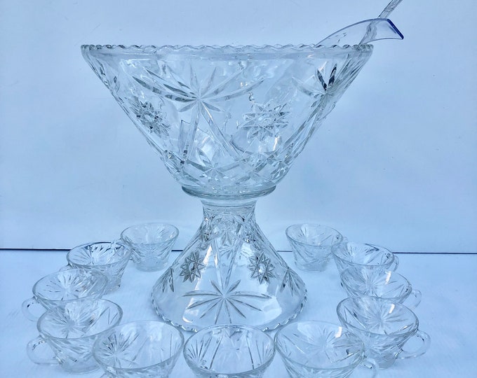Vintage Pedestal Glass Punch Bowl Set, Exquisite 1960s, 14 Piece Punch