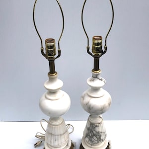 Vintage, 1950's, Set of Carved Alabaster White and Gray Marble Table Lamps On Marble Pedestals With Matching Solid Brass Finials and Base
