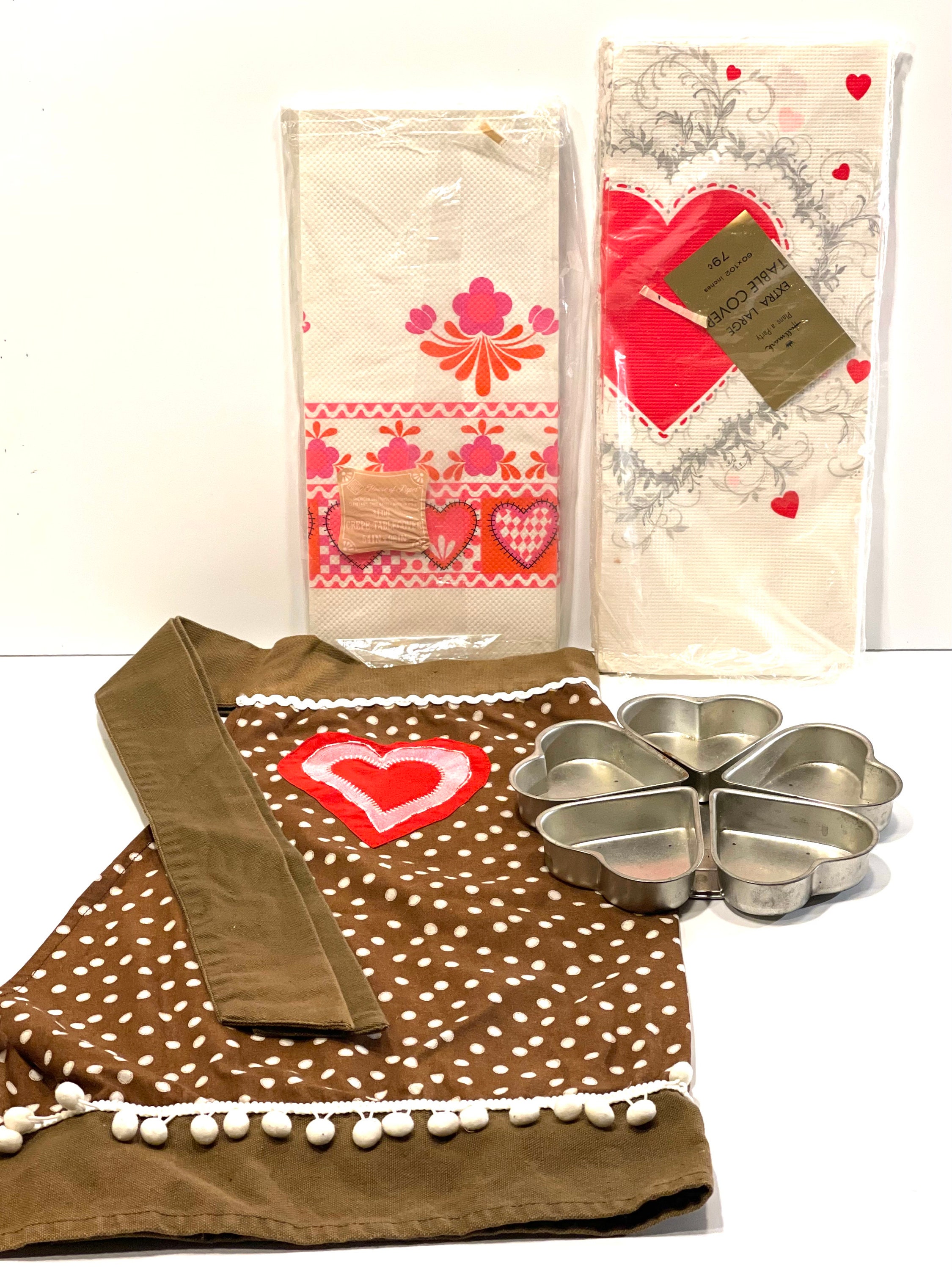 Vintage Valentine's Lot, Heart Apron, Baking/Crafting/Entertaining 4-Piece Set,  2 Heart Crepe Table Covers, Heart Apron, Heart Bake Pan