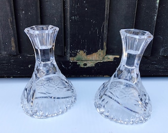 Vintage Cut Crystal Floral Candlesticks, Scalloped Base, Pair