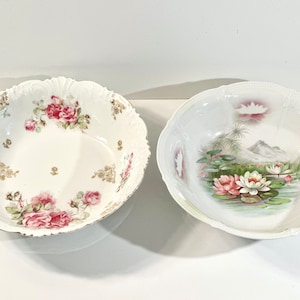 Vintage/Antique Pink + Green Floral China Serving Bowls, Bavaria, Water Lily Bowl, Pink Rose Bowl, Scalloped Rims, Each Sold Separately