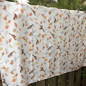 Vintage, Large Bird Tablecloth, 83&quot;L & 57&quot; W, Polyester Sparrows on Branches with Autumn Color Leaves Pattern, Beautiful Fall Tablecloth