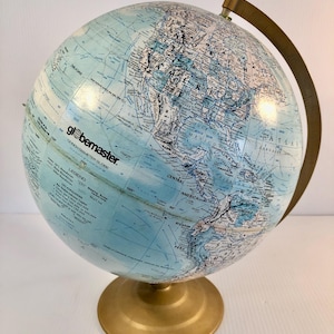 Vintage Globemaster 12" Diameter, Raised Relief, World Globe with Brush Gold Metal Base & Axis, Table/Desk/Office Globe, Travel Theme, Decor