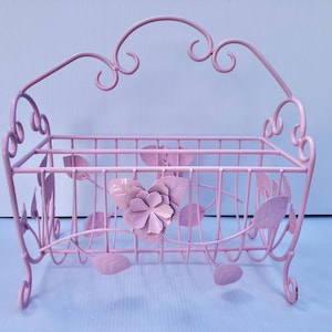 Vintage Metal Wire, Pink Tole Flower Magazine Rack, Shabby Chic Home Decor, Pink Floral Decor, OOAK Magazine Rack, Little Girl&#39;s Room, MCM