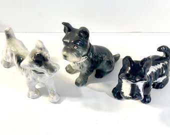Vintage 1950s Scottish Terrier Dog Set of 3, Made in Japan, MCM Collectible Dog Figurines, Porcelain + Ceramic