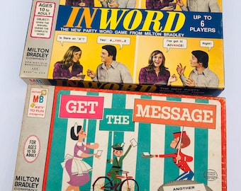 Vintage Milton Bradley Game Set, 1964 Get the Message #4406 & 1972 In Word # 4205, " Guess the Message" and "Guess the Complete Word" Games