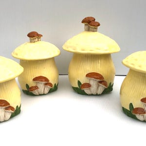 Vintage Mushroom  Kitchen Canister Set of 4, Arnel&#39;s 1970s Butter Yellow Color Jars with Raised Embossed Brown Mushrooms & Handles, Retro