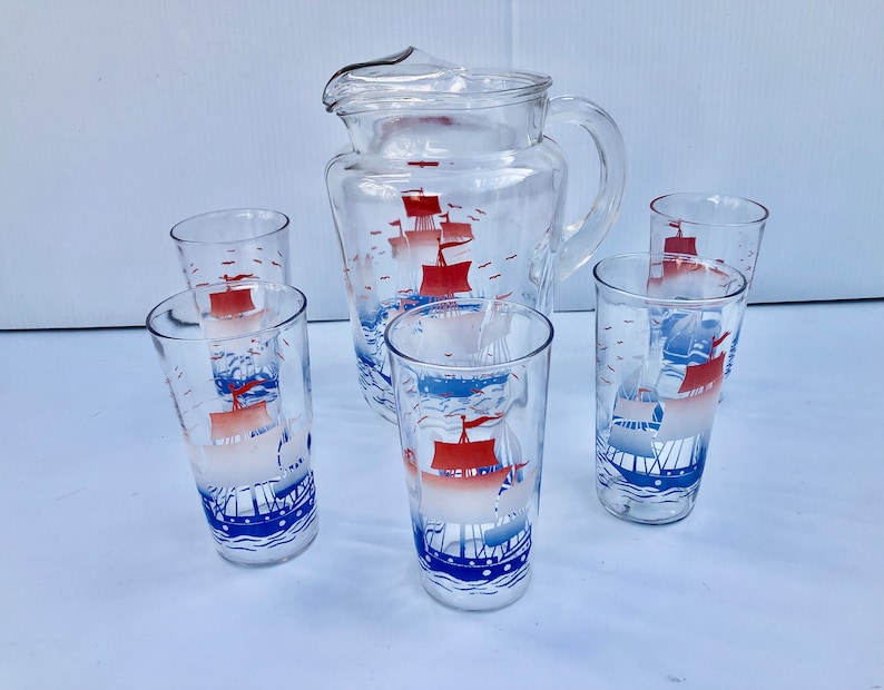 Vintage Glass Pitcher & Tumblers 6 Piece Set Red White and Etsy