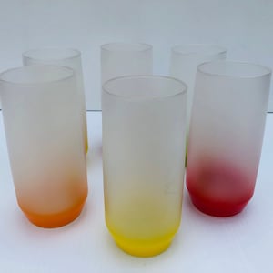 Vintage, West Virginia, Blendo, Frosted Glass, Set of Six, Large, Multi Color Tumblers, Rare 1960, Blendo Tumblers, 6&quot; H and Holds 16 oz.