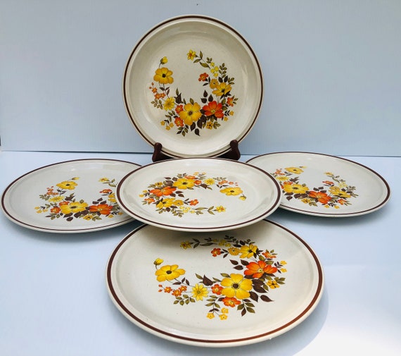 Vintage Yellow & Orange Floral Stoneware Plate Set of 7, Casual