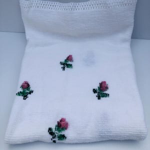 Vintage Hand Knit Pink Rose Needlepoint Afghan, Chunky White Crochet Blanket with Cottage Core Roses, Lap Blanket, Baby Blanket, 53 by 45&quot;