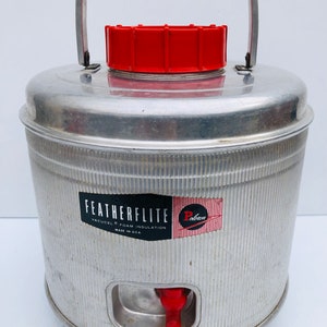 Vintage, Featherflite Serving Thermos with Red Swing Handle, Twist Cap & Beverage Spout, Large Silver Thermos, Poloron, Vacuole, Insulated