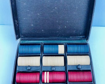 Set di fiches da poker vintage Lowe in bachelite, carte da gioco Sunset, astuccio in similpelle